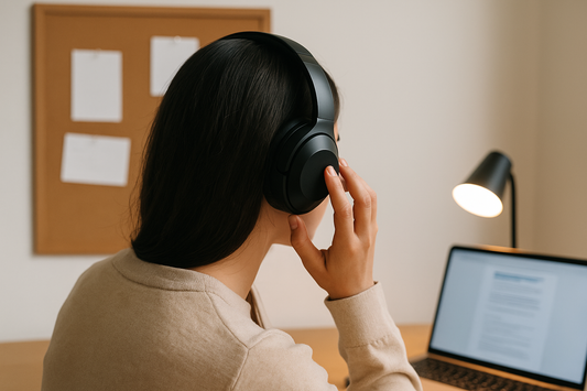 Focusory ADHD productivity workspace with woman using noise cancelling headphones at tidy desk