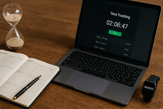 Focusory comparison of analog and digital time trackers with planner, hourglass, laptop, and smartwatch on a desk