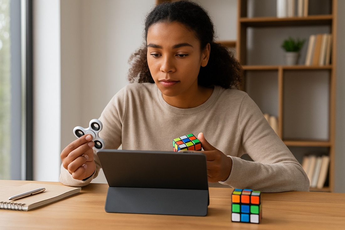 Focusory young professional using brain training tools with fidget spinner, puzzle cube, and tablet at a modern desk