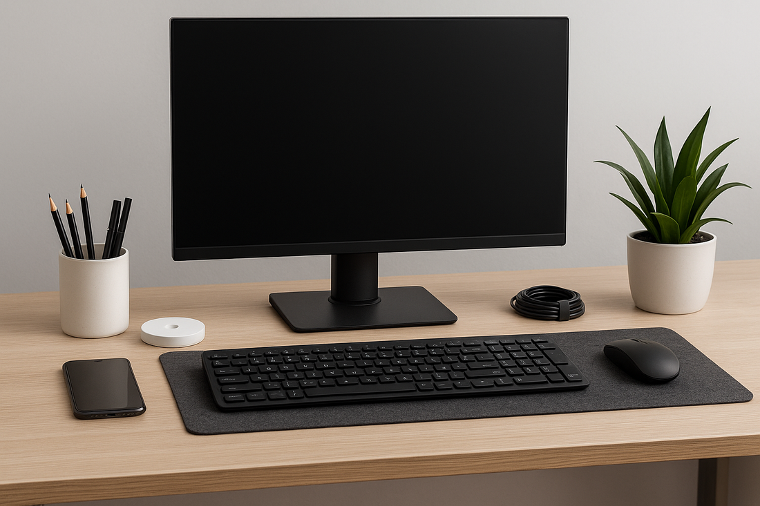 Focusory clean desk setup with monitor, keyboard, and neatly managed cables for a minimalist workspace