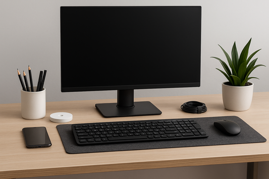 Focusory clean desk setup with monitor, keyboard, and neatly managed cables for a minimalist workspace