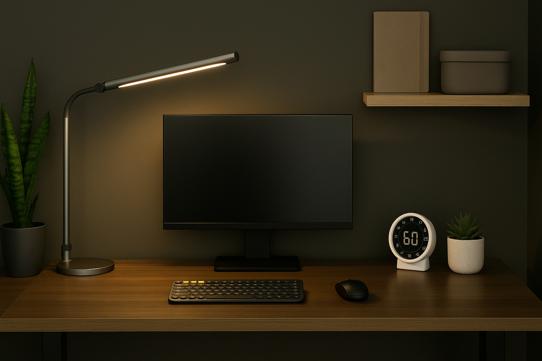 Focusory compact desk setup in a small space with smart lighting, monitor, and minimal accessories