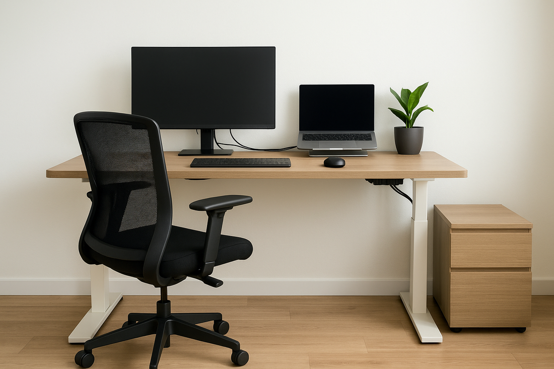 Focusory compact minimalist home office with foldable desk, ergonomic chair, and tidy setup for remote work