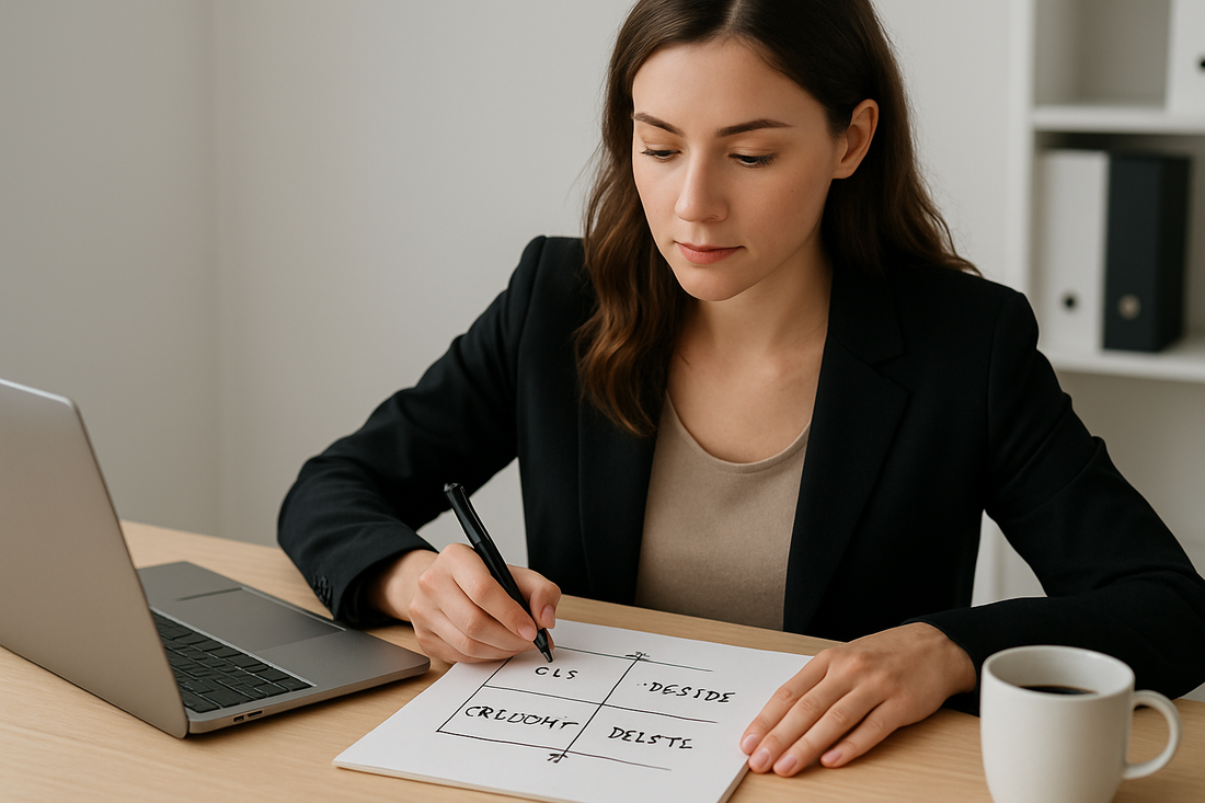 Focusory professional woman pointing at Eisenhower Matrix on a desk with laptop and coffee in a modern office