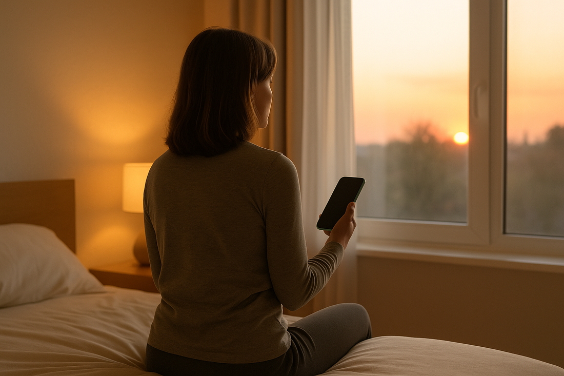 Focusory woman looking out of a window at sunset in a calm bedroom practicing digital detox