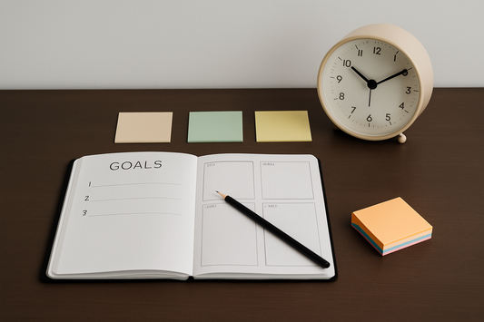 Focusory minimalist goal-setting desk with planner, sticky notes, and clock for professionals and students