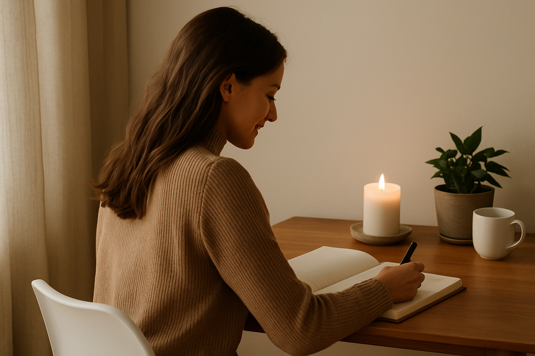 Focusory woman journaling at a calm desk with candle, plant, and tea for stress relief and focus