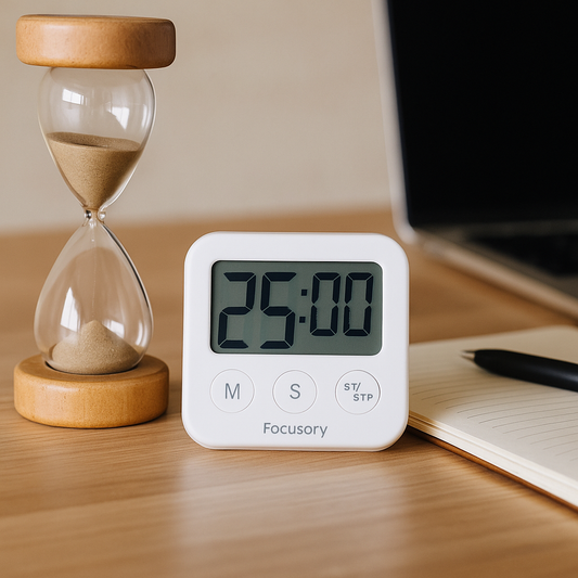 Focusory hourglass timer and digital timer side by side on a desk representing focus and productivity tools