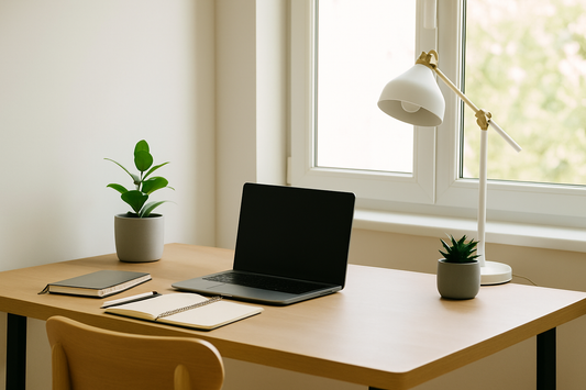 Focusory minimalist home office desk with laptop, lamp, and plants in a bright clean workspace