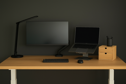 Focusory modular desk thumbnail with monitor, laptop riser, and organized modern workstation