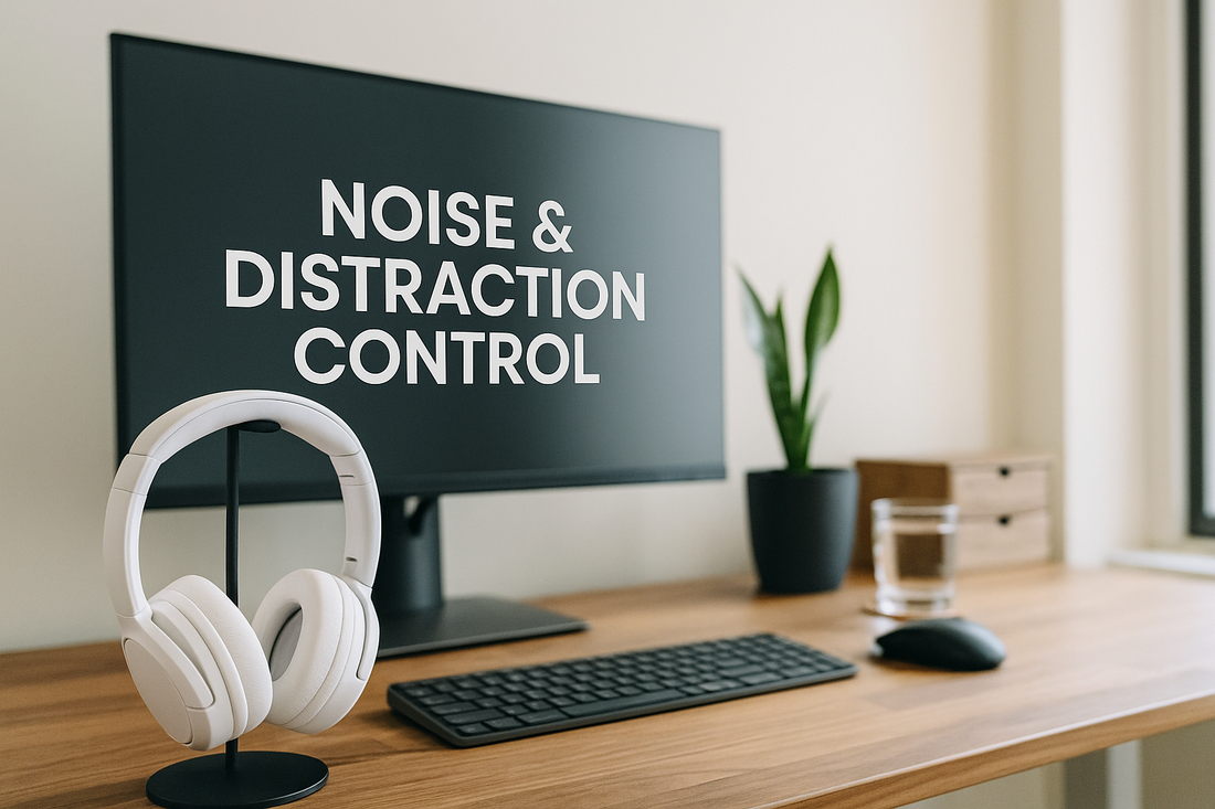 Focusory quiet workspace thumbnail with headphones, sound machine, and organized desk setup