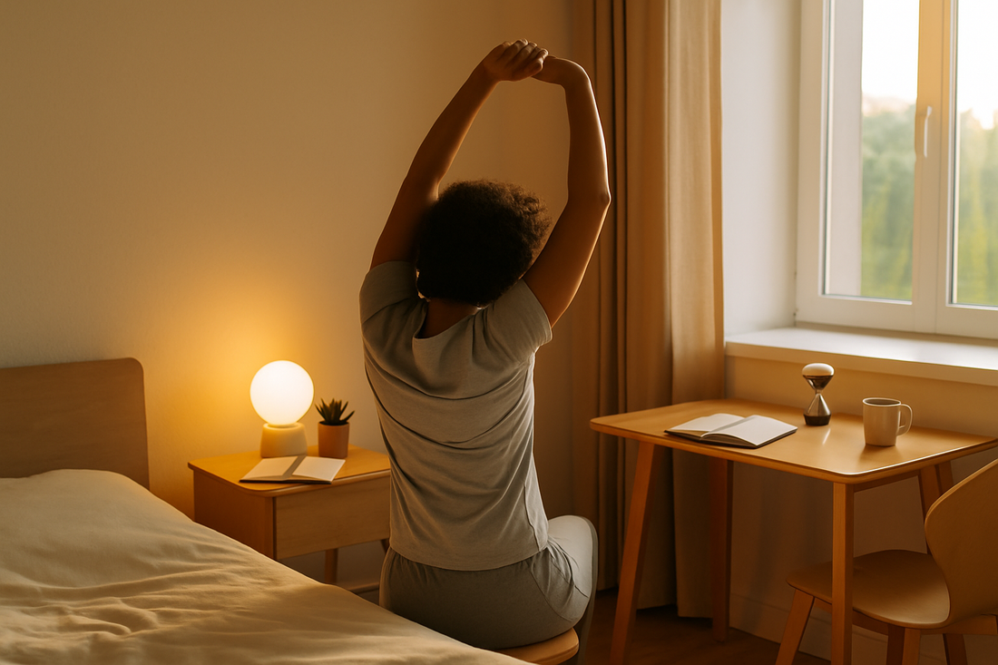 Focusory woman stretching in a calm bedroom with warm desk lighting and tidy workspace for screen-free morning routine