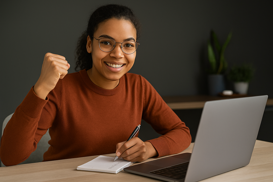 Focusory professional smiling and checking off small wins in a planner at a tidy desk for long-term motivation