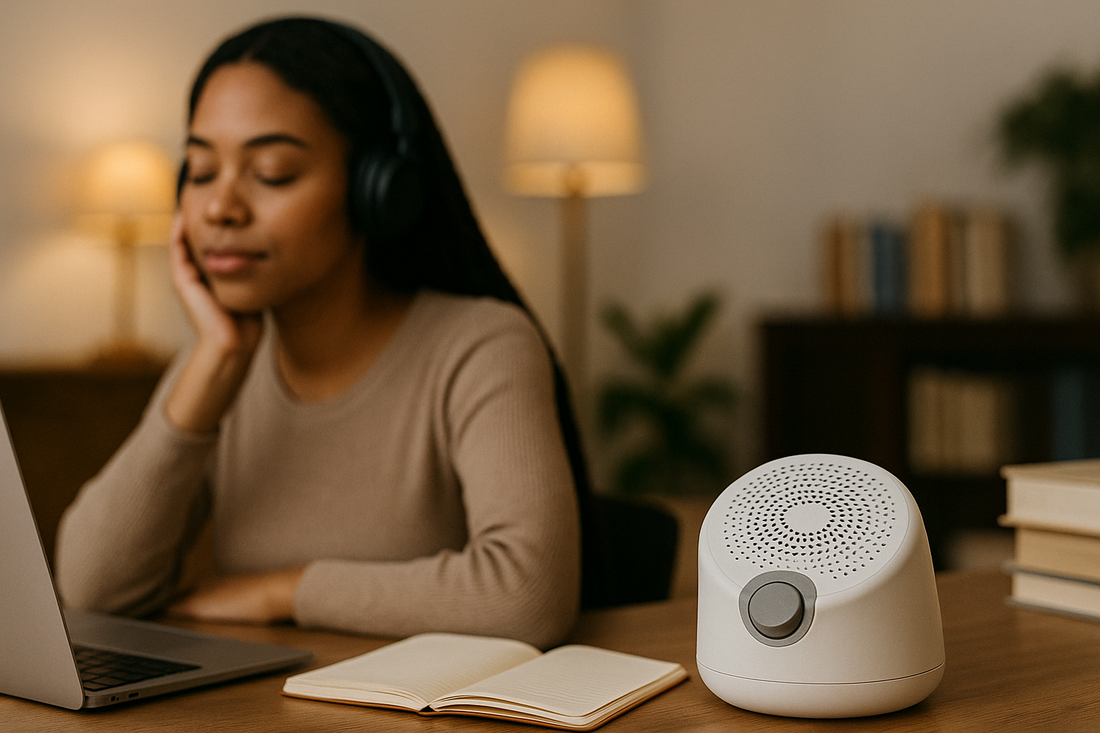Focusory workspace with sound machine on desk and professional using headphones for focus
