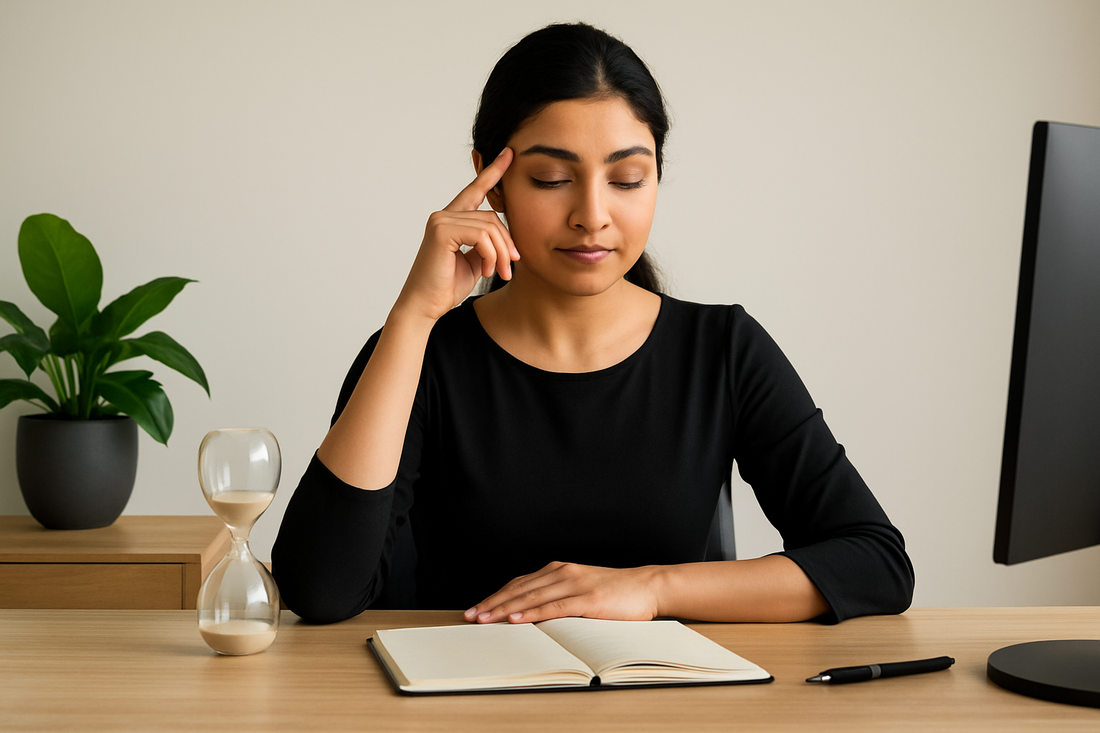 Focusory visualization workspace with woman practicing mental clarity using notebook and hourglass at tidy desk