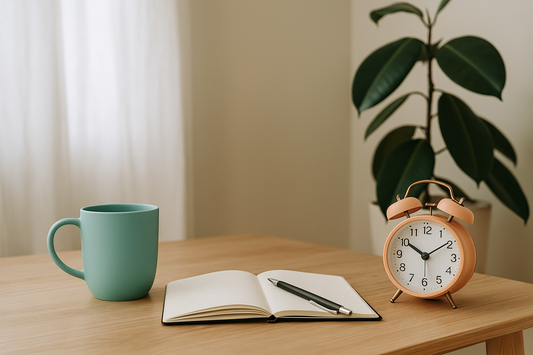 A calm and sunlit workspace with a closed laptop, chair slightly pulled back, and a mug on the desk, symbolizing a peaceful mental break during work hours.