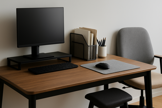 A modern and organized desk setup with essential productivity accessories, including a monitor, wireless keyboard, desk lamp, and ergonomic chair in a well-lit workspace.