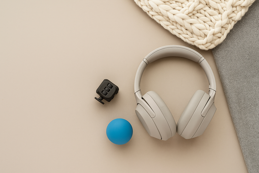A flat lay of sensory tools including noise-canceling headphones, a blue stress ball, a black fidget cube, and textured fabrics arranged on a beige surface, representing tools for focus and productivity.