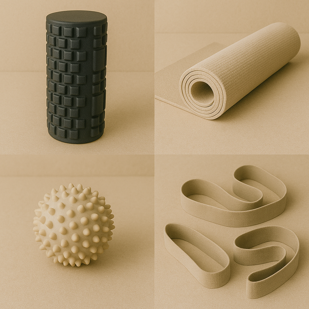 Stretching and fitness tools including foam roller, yoga mat, massage ball, and resistance bands on a beige background