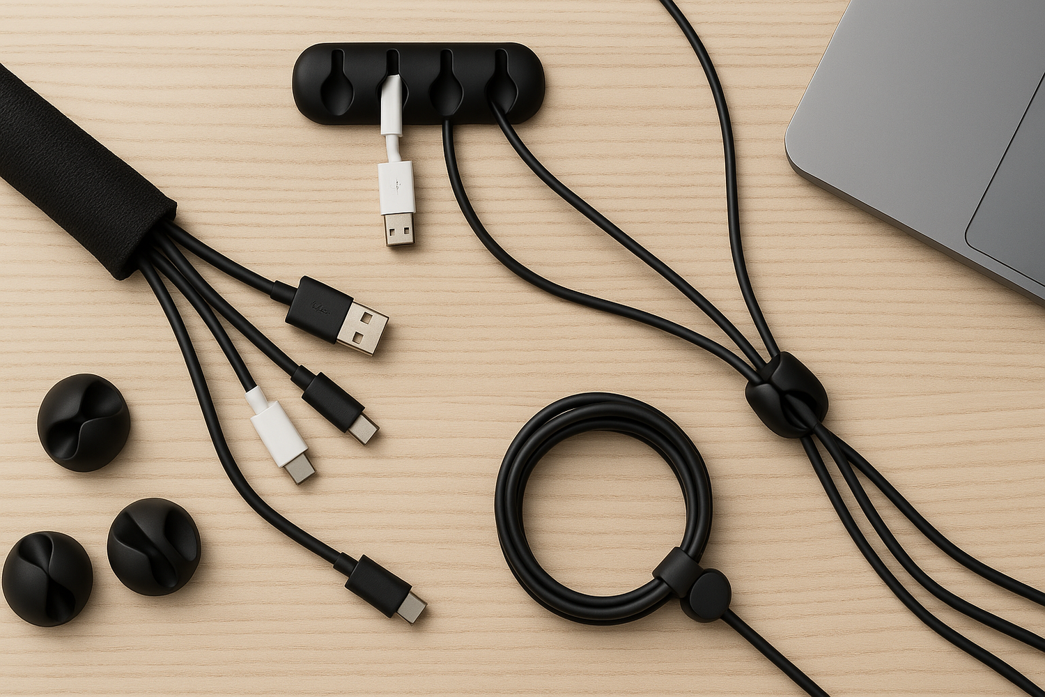 Cable management kits with trays, clips, and boxes