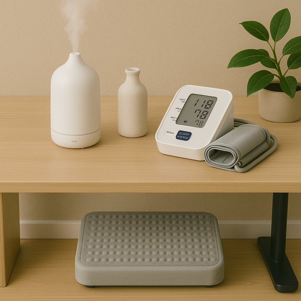 Desk friendly wellness tools including diffuser, blood pressure monitor, and footrest in a calming setup