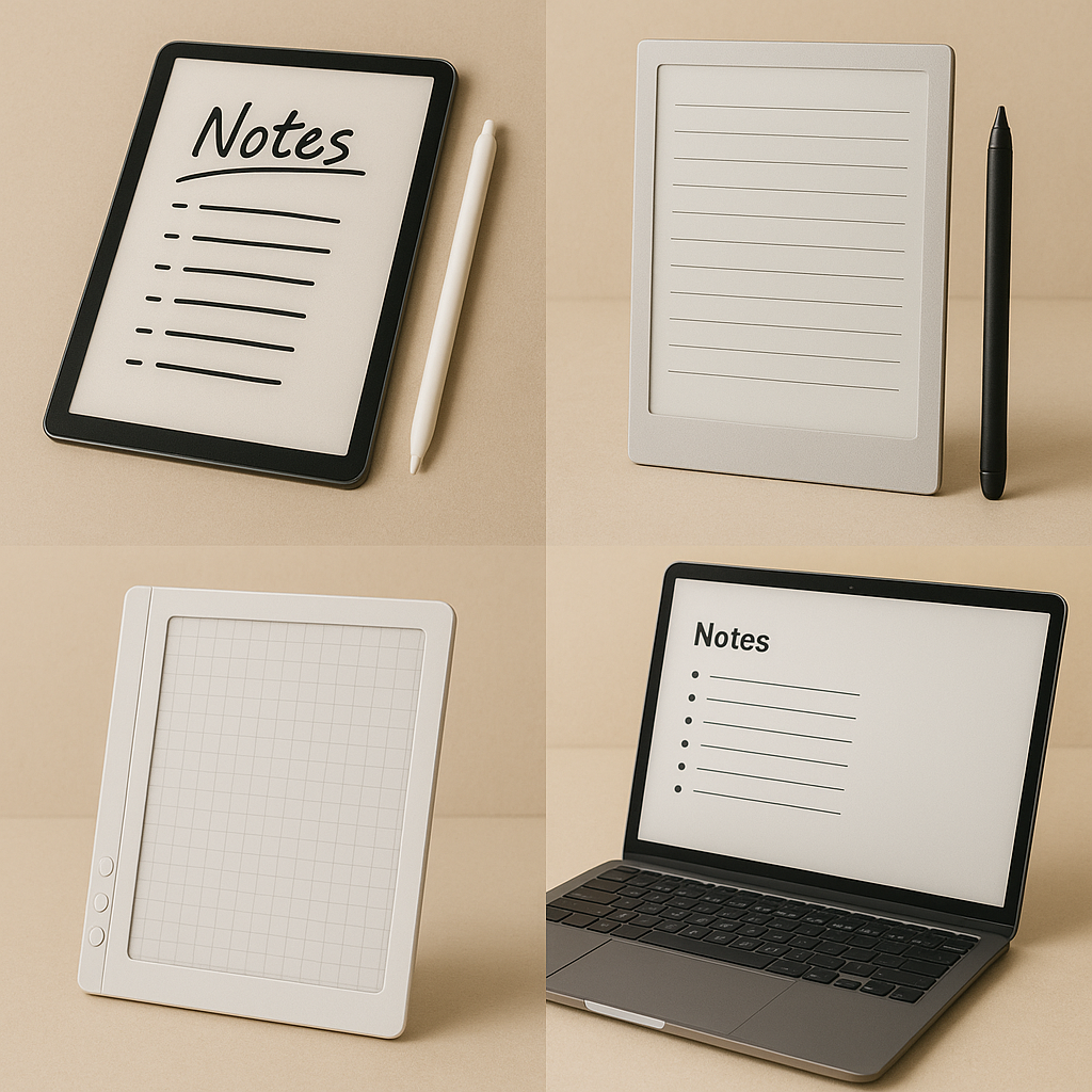 Digital note-taking tools including e-ink tablets and a laptop on a beige background