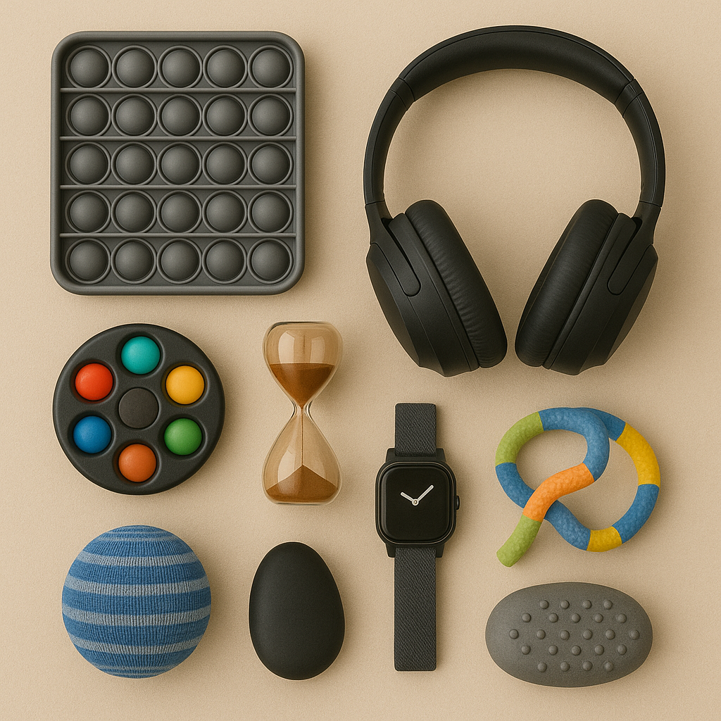 Sensory tools for focus including pop-it, headphones, fidgets, and timer on a beige surface