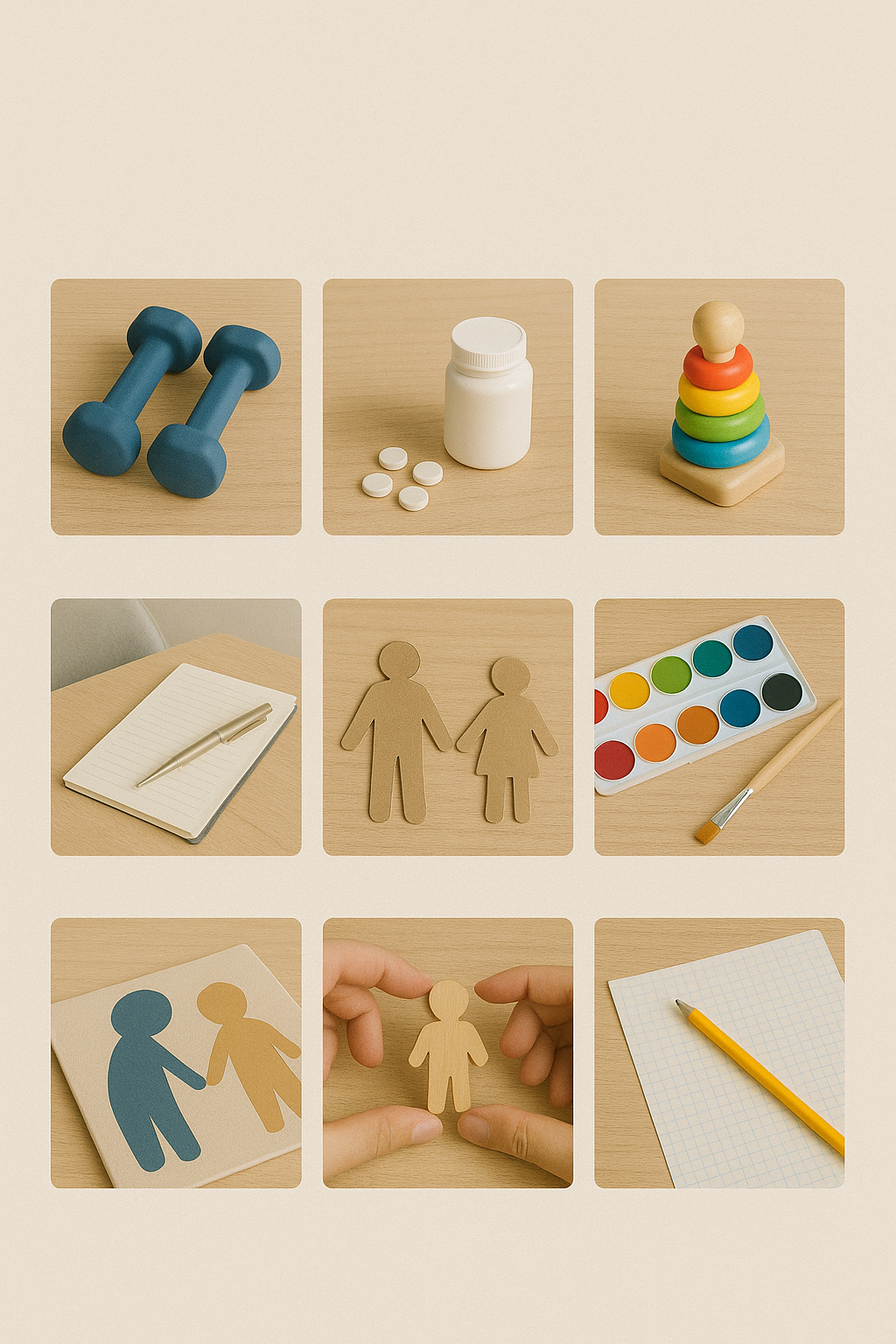 ADHD and neurodivergent tools including toys, meds, art supplies, and therapy symbols on a wooden surface
