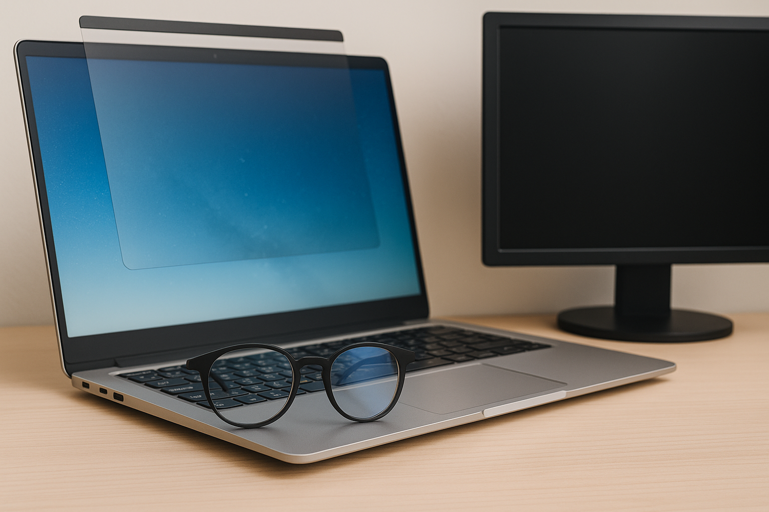 Focusory Blue Light Glasses & Screen Protectors – stylish glasses on laptop, anti-glare screen protector on display, and privacy screen monitor for digital comfort.