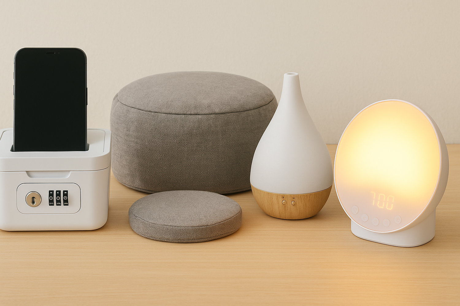 Focusory Digital Detox & Mindfulness Tools – meditation cushion, diffuser, sunrise alarm clock, and phone lock box for focus and relaxation.