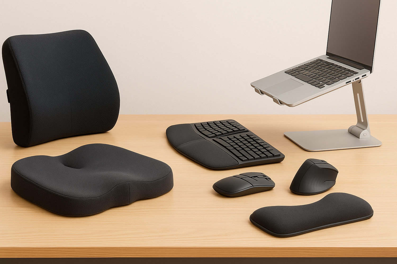 Focusory Workspace Comfort & Ergonomic Accessories – lumbar cushion, seat cushion, ergonomic keyboard, mouse, footrest, and laptop stand for productivity.