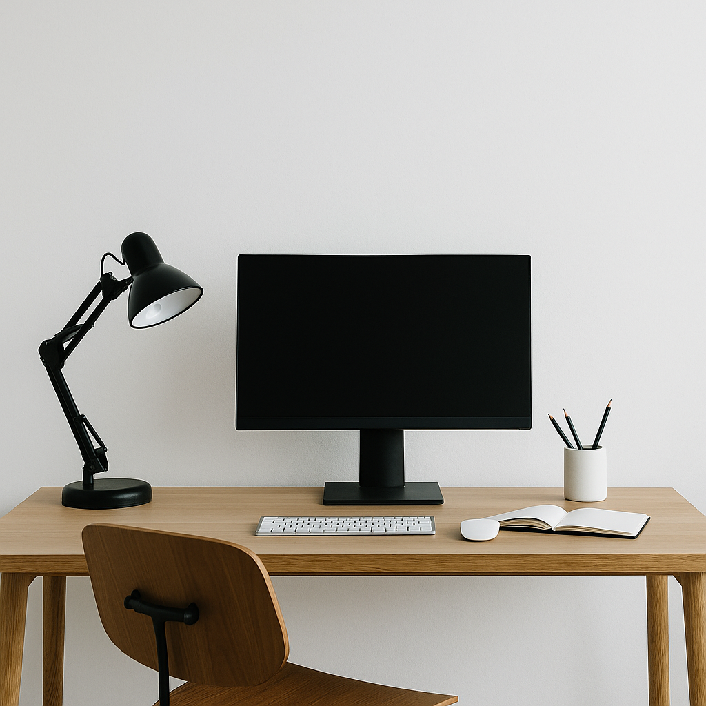 Minimal office tools including laptop risers and desk organizers