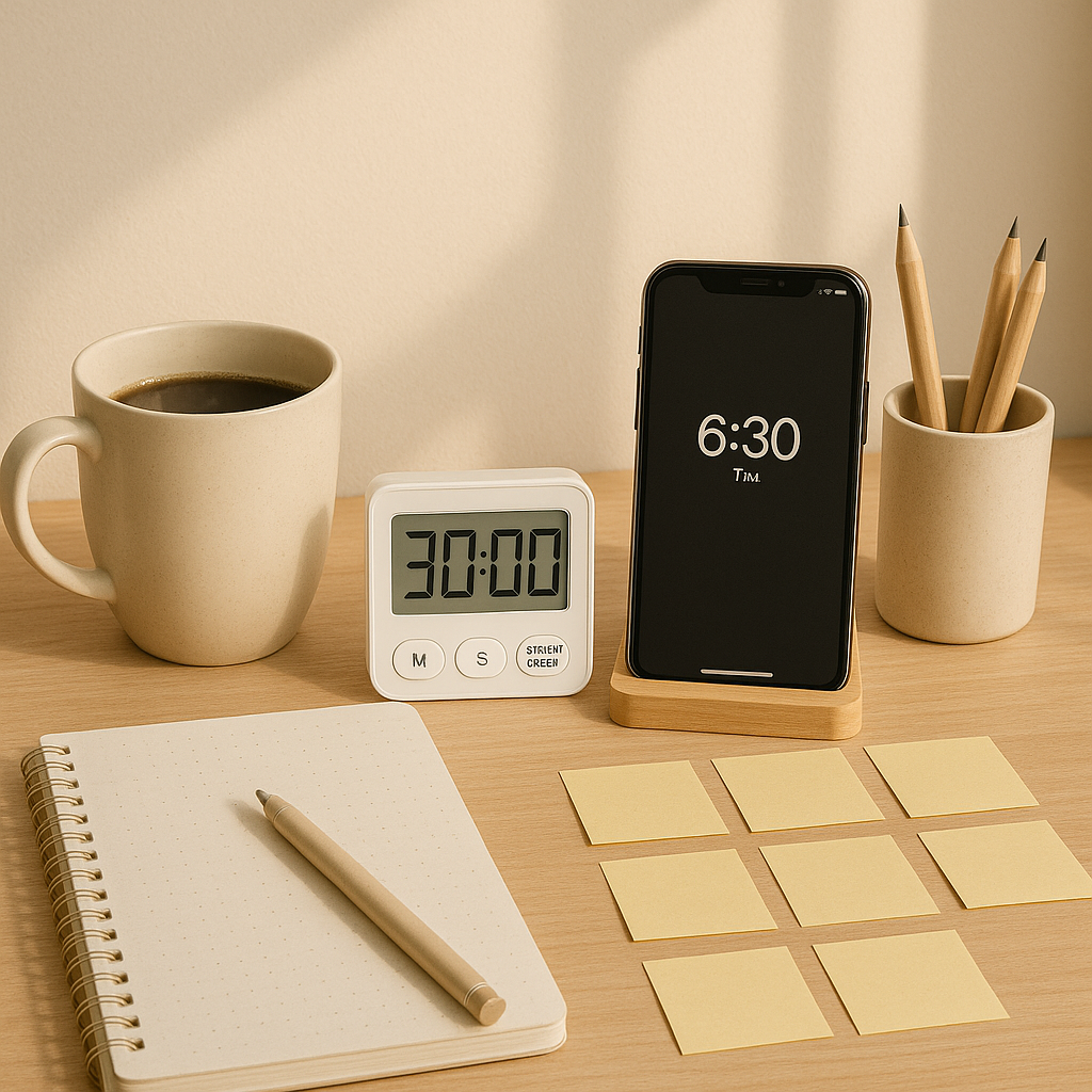 Morning productivity setup with timer, coffee, phone, notepad, and desk tools on a warm-toned surface