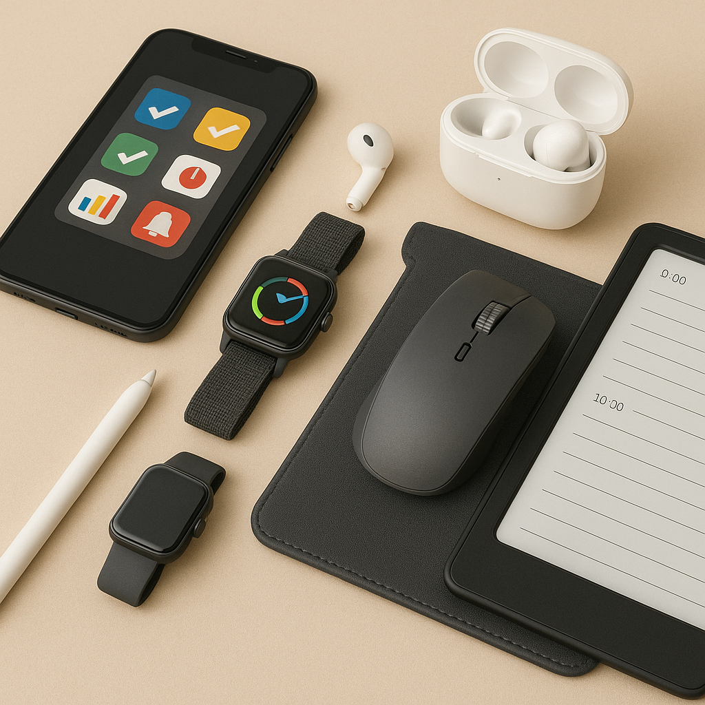 Productivity tech accessories including smartphone, smartwatch, earbuds, and stylus on a beige background