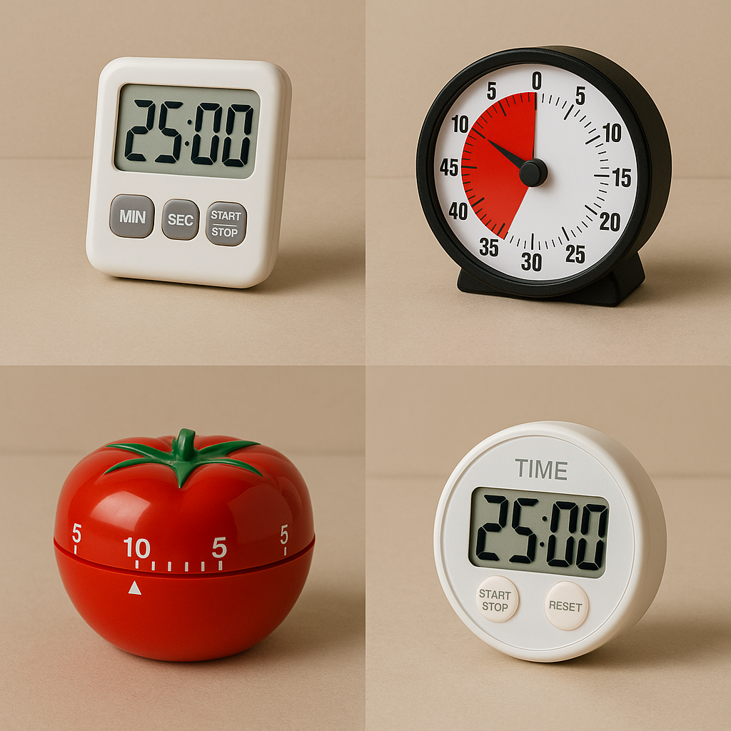 Timers for focus and Pomodoro, including digital, analog, and tomato-style on a beige background