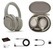 Sony WH-1000XM4 Wireless Noise Canceling Overhead Headphones with Mic for Phone-Call, Voice Control, Silver, with USB Wall Adapter and Microfiber Cleaning Cloth - Bundle