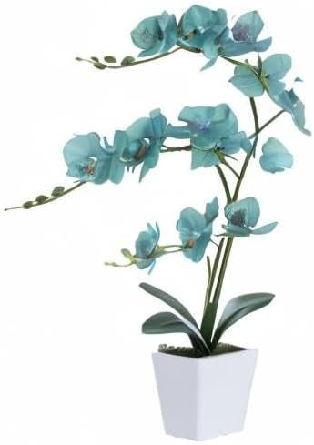 Faux Orchid in Vase Large Artificial Orchid in Ceramic Vase Teal Silk Orchids with Stems Real Look Potted Fake Flowers Arrangement Centerpiece Table Decorations for Home Decor Indoor, Golden Blue