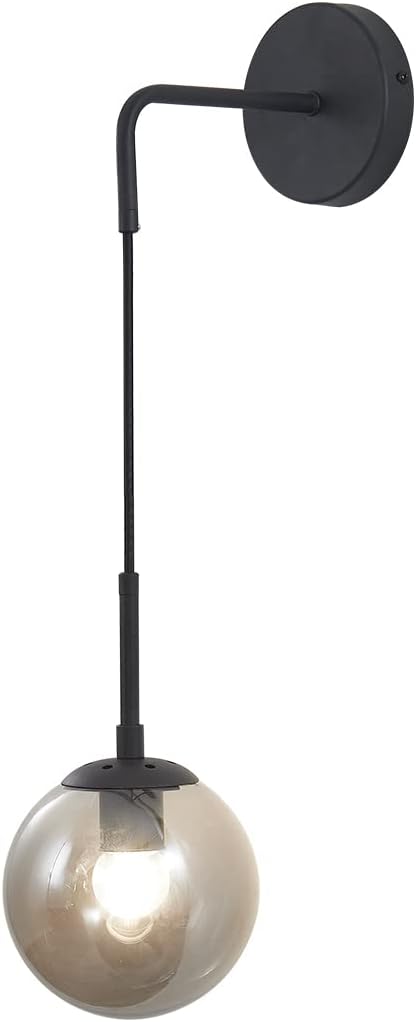 BOKT Modern Smoke Gray Glass Ball Wall Sconce Lighting Mid Century Matte Black Wall Mount Light Fixture Vanity Globe Bathroom Wall Lamp (Black+Smoke Gray)