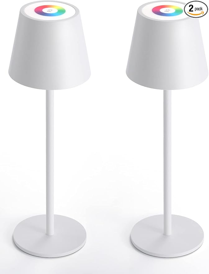 Maksone 2 Pack RGB Cordless Table Lamp, 6600mWh Rechargeable Battery Desk Lamp, 3000K Stepless Dimming and Led Color Changing Night Light, IP54 Waterproof Outdoor Portable Lamp for Patio (White)