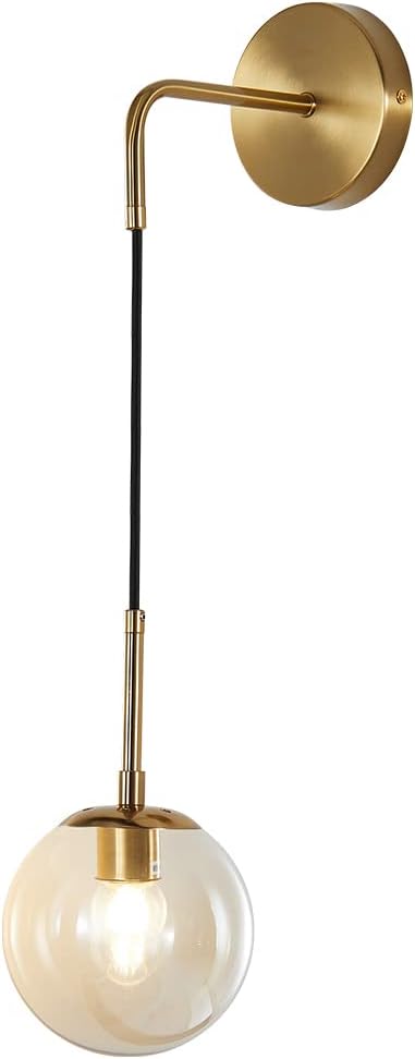 BOKT Mid Century Modern Globe Wall Sconce Lighting Brushed Brass Gold Amber Glass Round Wall Light Fixture Vintage Vanity Globe Bathroom Bar Wall Lamp (Gold+Amber)