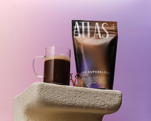 Atlas+ Latte Superblend– Instant Mushroom Coffee with Lion’s Mane, Reishi, Cordyceps, Ashwagandha, Probiotics, Vitamin D3 & B12, Coconut– for Energy, Focus, Immunity & Gut Health– 20 Servings (1 Bag)