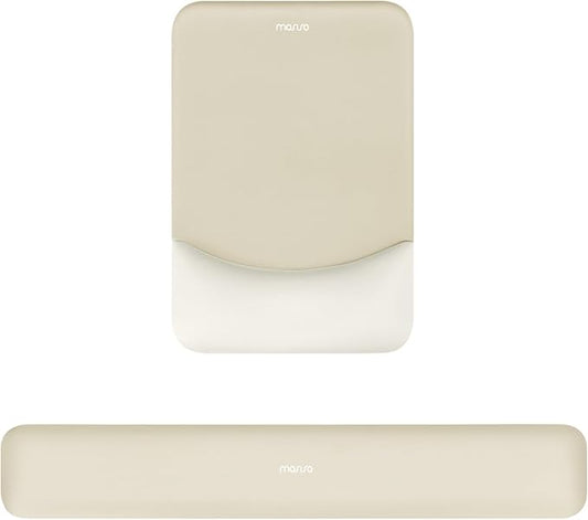 MOSISO Wrist Rest Support for Mouse Pad&Keyboard Set, Rectangular Ergonomic Mousepad Non-Slip Base Home/Office Pain Relief&Easy Typing Pad with Neoprene Cloth&Raised Curved Memory Foam, Khaki