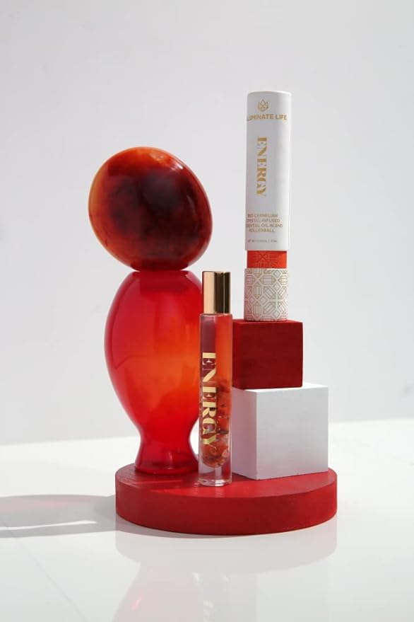 Essential Oil Rollerballs, .34 OZ, Energy - Red Carnelian Crystal Infused - Scents of Lemon, Grapefruit, & Bergamot - Aromatherapy Roll On Oils, Skin Care, Massage