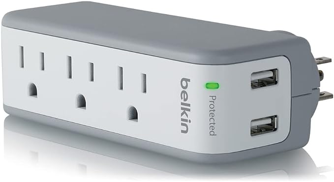 Belkin Wall Mount Surge Protector - 3 AC Multi Outlets & 2 USB Ports - Flat Rotating Plug Splitter - Wall Outlet Extender for Home, Office, Travel, Computer Desktop & Phone Charger - 918 Joules