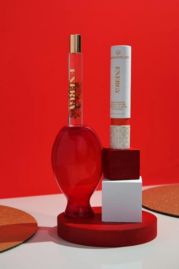 Essential Oil Rollerballs, .34 OZ, Energy - Red Carnelian Crystal Infused - Scents of Lemon, Grapefruit, & Bergamot - Aromatherapy Roll On Oils, Skin Care, Massage