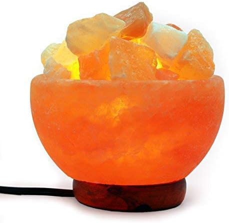 Spantik Himalayan Salt Lamp Bowl with Natural Crystal Chunks, Dimmer Cord and Classic Wood Base Premium Quality Authentic from Pakistan