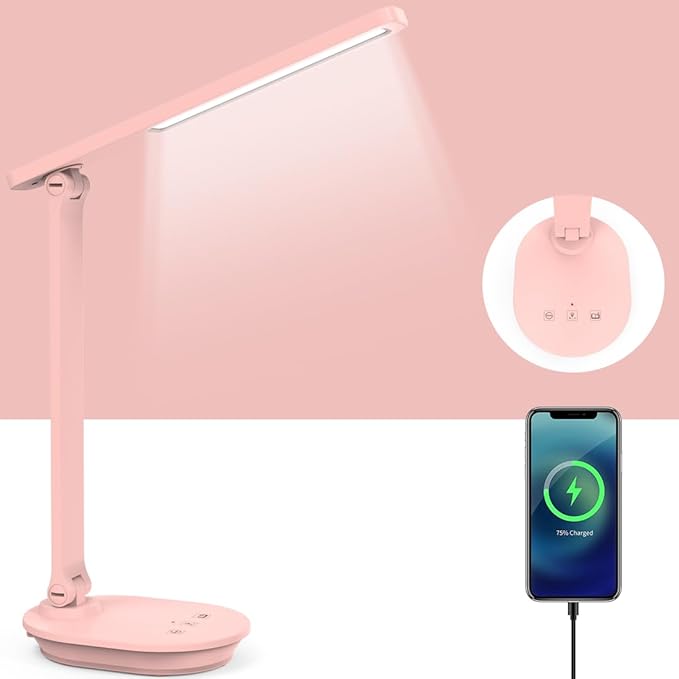 Pink Desk Lamp College Dorm Essentials for Girls, 3 Color Dimmable Reading Lamp, Cordless Rechargeable Battery Operated, USB Powered, Cute LED Desk Lamps for Home Office, Bedrooms, Study
