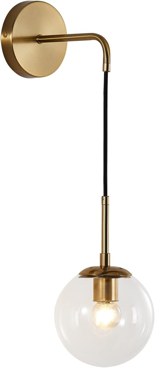 BOKT Mid Century Modern Globe Wall Sconce Lighting Brushed Brass Gold Bathroom Wall Lights Clear Bubble Glass Ball Wall Light Fixture Lamp Bedroom Bedside Wall Light (Gold+Clear)
