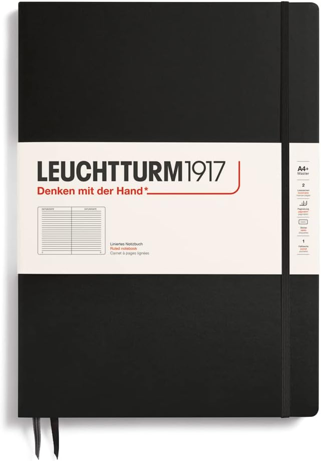 LEUCHTTURM1917 - Notebook Hardcover Master Slim A4+ - 123 Numbered Pages for Writing and Journaling (Black, Ruled)