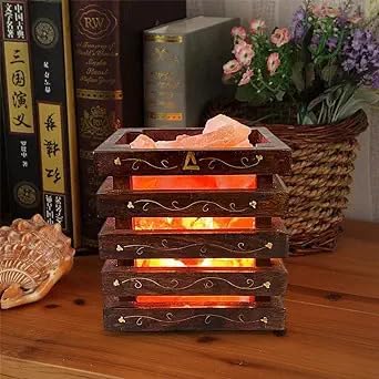 Wooden Basket Himalayan Pink Salt Lamp, Dimmable, Classic Design, Extra Pair of Bulb, Unique Gift idea